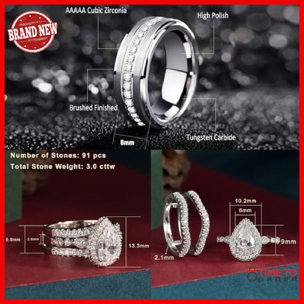 Pear Shape Cubic Zirconia Wedding Ring Set Sterling Silver Tungsten - Picture 6 of 8